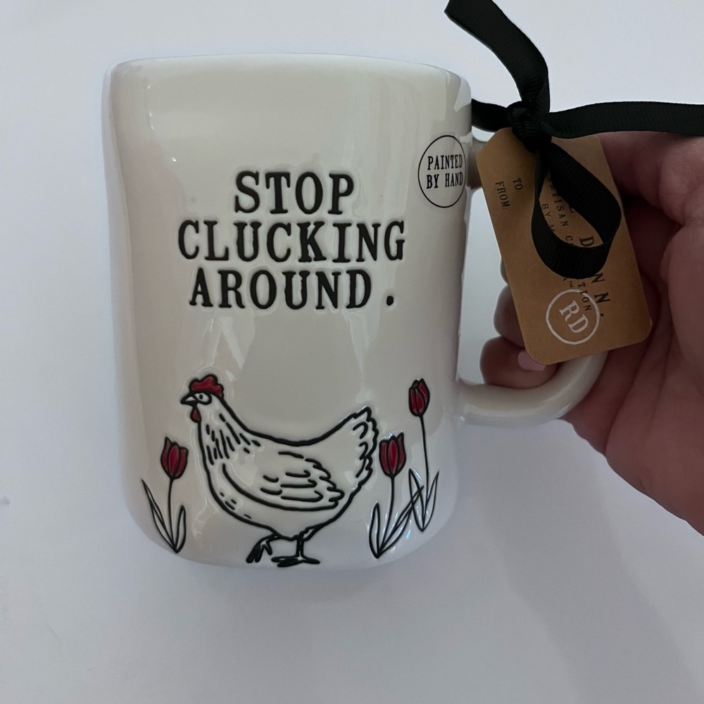 Rae Dunn White Ceramic Mug with Red Accent Hen and Tulips